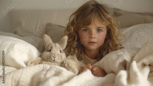 Adorable Child Snuggling with Teddy Bear in Cozy Bed