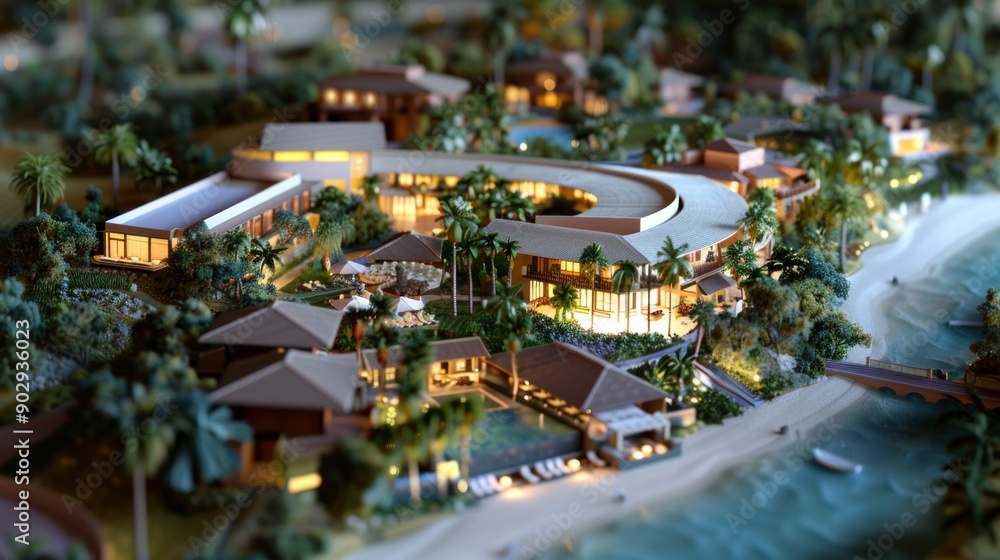 Generate a photo realistic image of a maquette representing a tourism resort with luxury accommodations, recreational amenities, and scenic landscapes Generate a photo realistic image of a maquette representing a tourism resort with luxury accommodations, recreational amenities, and scenic landscapes
