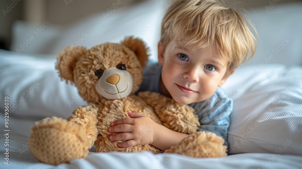 Adorable Child Snuggling with Teddy Bear in Cozy Bed Adorable Child Snuggling with Teddy Bear in Cozy Bed