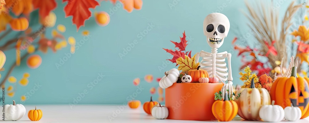 Obraz premium A festive Halloween scene featuring a skeleton, pumpkins, and autumn leaves, perfect for seasonal decorations and celebrations.