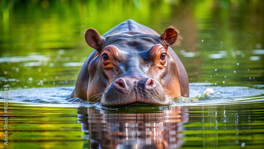 Fototapeta premium Submerged Serenity: A Hippopotamus's Underwater Moment AI Generated