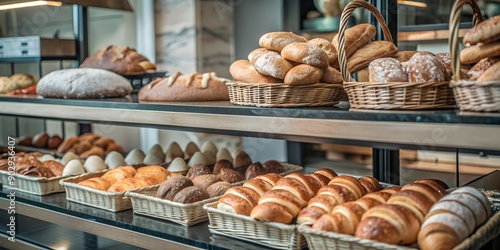 Bakery Counter Displaying Fresh Rolls and Croissants - Generative AI
