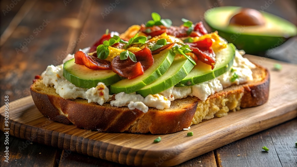 Golden Hour Avocado Toast with Smoked Turkey Bacon and Cottage Cheese Dreams AI generated Golden Hour Avocado Toast with Smoked Turkey Bacon and Cottage Cheese Dreams AI generated