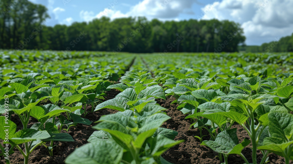 Healthy, green soybean plants thriving in a well-maintained field. Healthy, green soybean plants thriving in a well-maintained field.