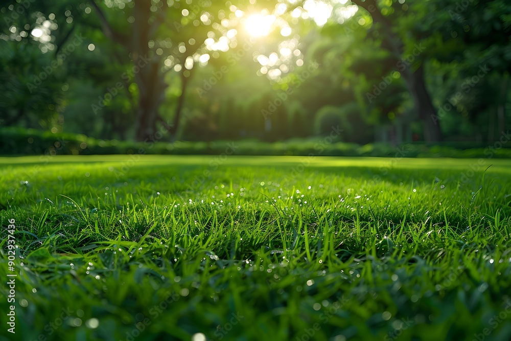 Lush Green Grass Illuminated by Morning Sunlight in a Serene Park Setting Lush Green Grass Illuminated by Morning Sunlight in a Serene Park Setting
