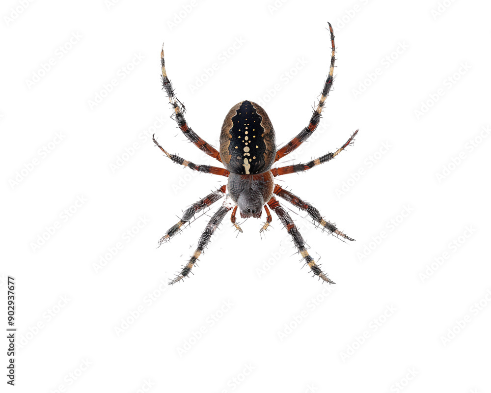 A spider is shown in a white background. The spider is brown and black with white spots. The spider is in the middle of the image and is the main focus A spider is shown in a white background. The spider is brown and black with white spots. The spider is in the middle of the image and is the main focus