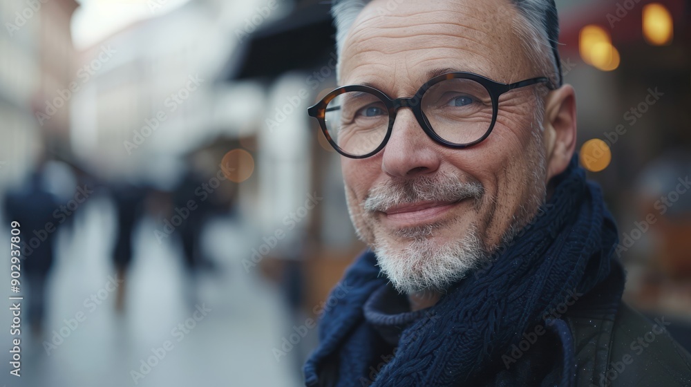 A close-up portrait of a smiling smart mature middle-aged man, a businessman wearing fashionable glasses and looking at the camera on a street background with a copy space. A close-up portrait of a smiling smart mature middle-aged man, a businessman wearing fashionable glasses and looking at the camera on a street background with a copy space.