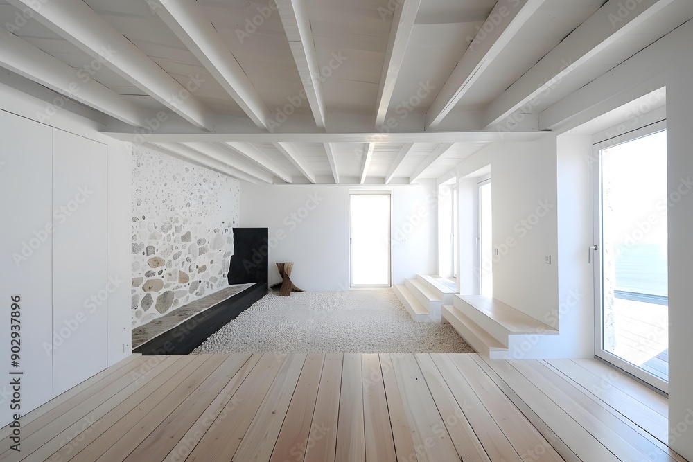 Minimalist White Interior Design with Stone Wall and Wooden Floor Minimalist White Interior Design with Stone Wall and Wooden Floor
