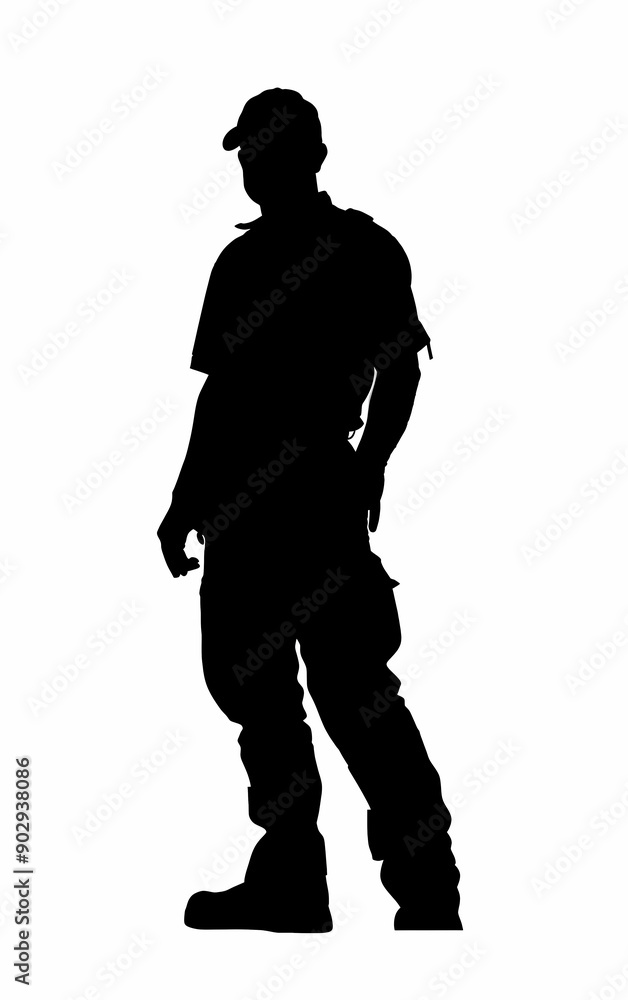 Black silhouette vector image of a construction worker standing with tools and wearing a hard hat, emphasizing readiness and professionalism in a clean and simple outline design Black silhouette vector image of a construction worker standing with tools and wearing a hard hat, emphasizing readiness and professionalism in a clean and simple outline design