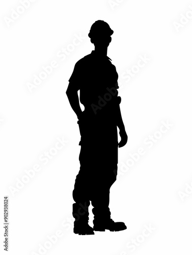 Black silhouette vector image of a construction worker standing with tools and wearing a hard hat, emphasizing readiness and professionalism in a clean and simple outline design © Vilius