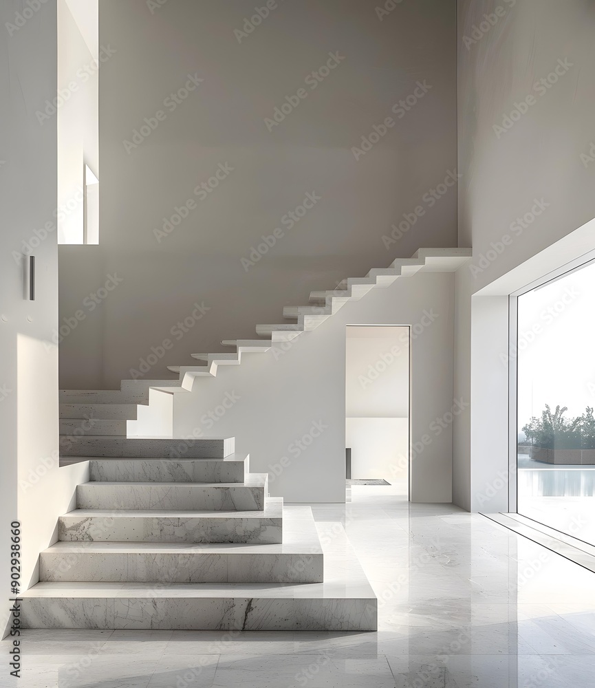 Fototapeta premium Modern Staircase Design with White Marble and Large Window