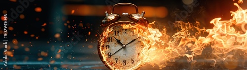 A clock is on fire and the time is almost 11:00. The image has a dark and dramatic mood, with the fire and the clock being the main focus. The clock is surrounded by ash and debris