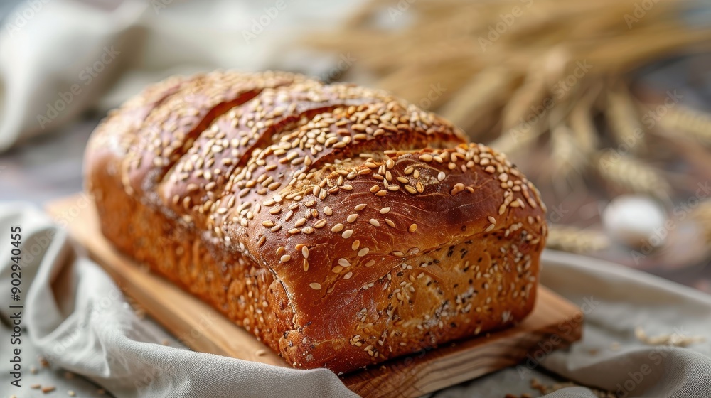 A loaf of bread with sesame seeds on top sits on a wooden cutting board. The bread is brown and has a nutty flavor. The scene is simple and peaceful, with the bread as the main focus A loaf of bread with sesame seeds on top sits on a wooden cutting board. The bread is brown and has a nutty flavor. The scene is simple and peaceful, with the bread as the main focus