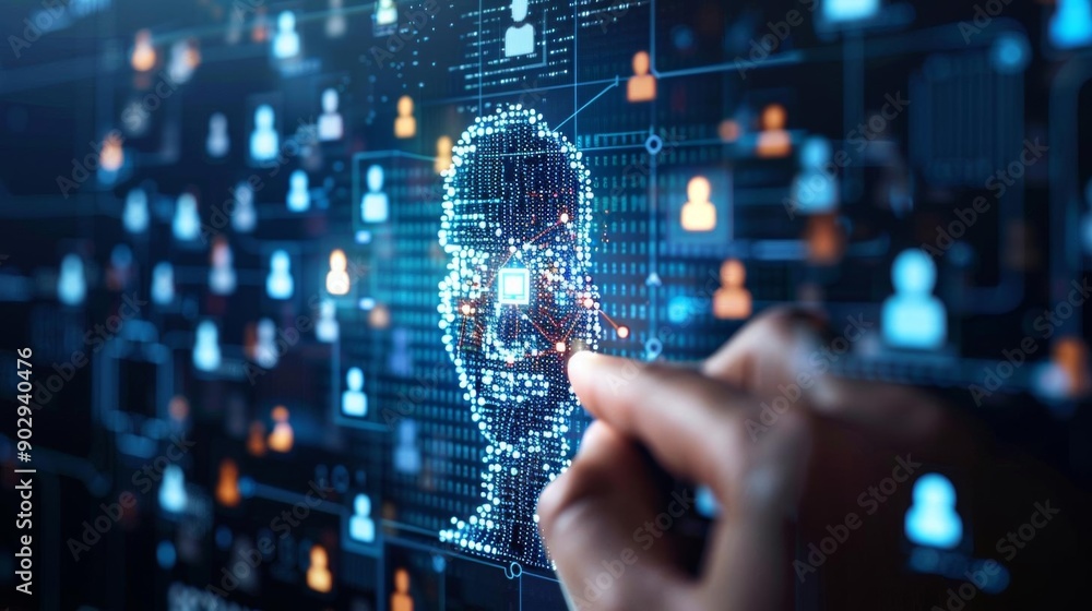 A hand interacts with a digital display showing a DNA strand and numerous user icons. This image represents the convergence of technology, genetics, and personal data. A hand interacts with a digital display showing a DNA strand and numerous user icons. This image represents the convergence of technology, genetics, and personal data.