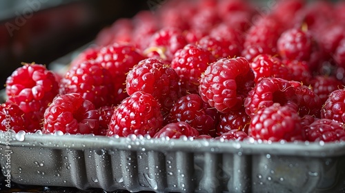 A close-up view of ripe, juicy raspberries with water droplets, presented in aplastic container. photo