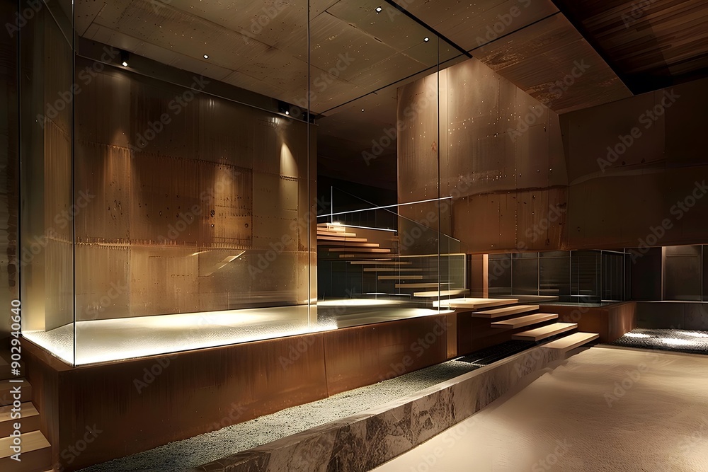 Modern Minimalist Interior Design with Wooden Stairs and Glass Panels Modern Minimalist Interior Design with Wooden Stairs and Glass Panels