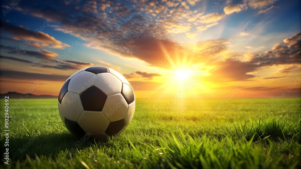 Obraz premium Sun-Drenched Soccer Ball on a Lush Green Field generative AI