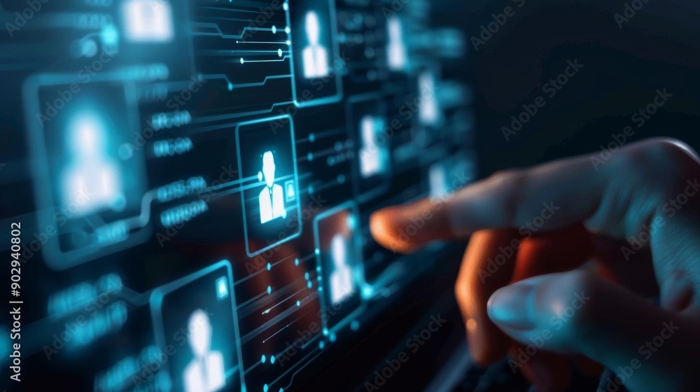 A hand points to a profile icon on a digital screen filled with icons, representing online connections and social media.