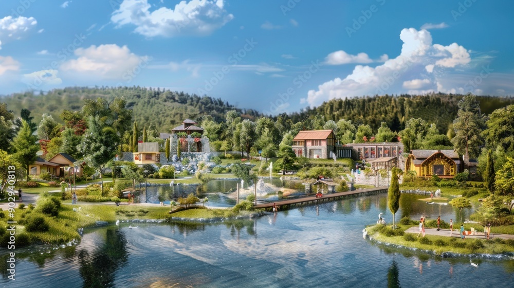 Generate a photo realistic image of a maquette representing a tourist destination with resorts, attractions, and natural landscapes Generate a photo realistic image of a maquette representing a tourist destination with resorts, attractions, and natural landscapes