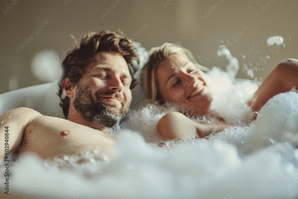 Portrait of a content caucasian couple in their 40s sharing a bubble bath Portrait of a content caucasian couple in their 40s sharing a bubble bath