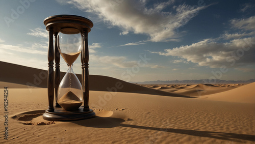 Contemporary digital art sand clock standing between sahara dune desert, time flies time is up