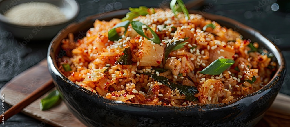 Korean kimchi fried rice with white sesame is a popular dish made from fried rice and kimchi as shown in the copy space image Korean kimchi fried rice with white sesame is a popular dish made from fried rice and kimchi as shown in the copy space image