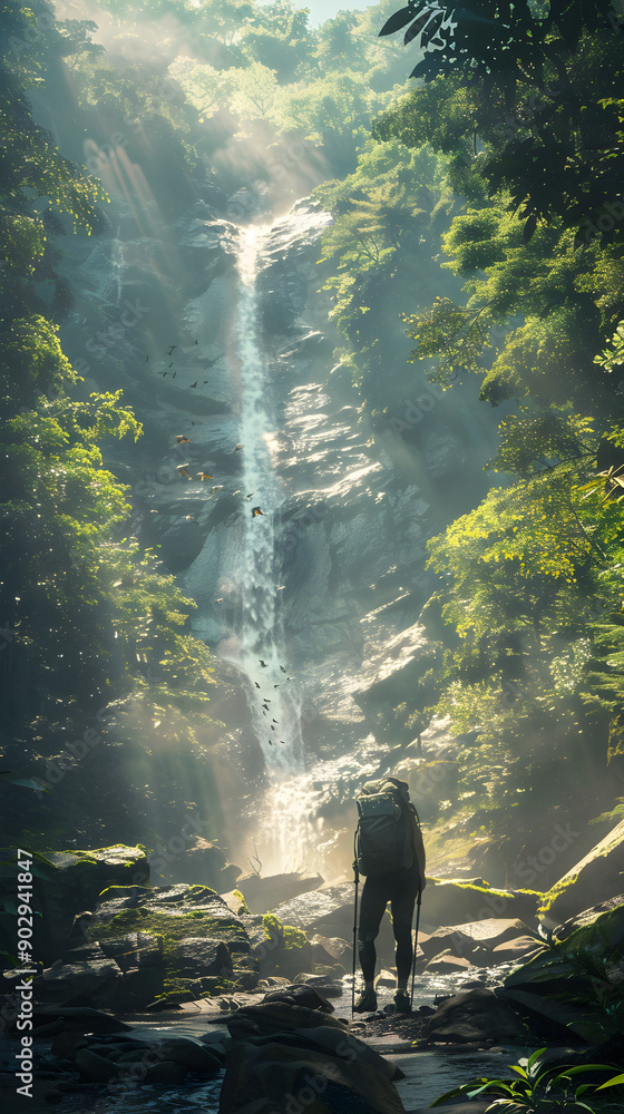 Solitary Hiker Encounters Majestic Waterfall in Lush Forest, Bathed in Serene Glow from Sunlight Filtering Through Canopy Solitary Hiker Encounters Majestic Waterfall in Lush Forest, Bathed in Serene Glow from Sunlight Filtering Through Canopy