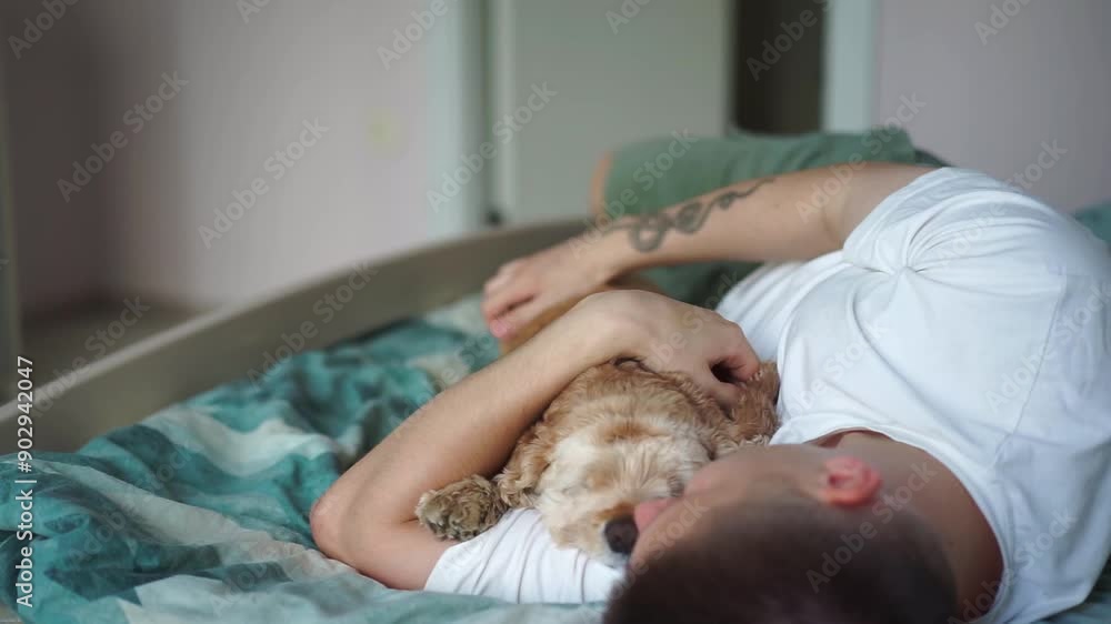 Close-up shot of a young man hugging his cute friend, a brown American Cocker Spaniel dog. Puppy and human friendship Close-up shot of a young man hugging his cute friend, a brown American Cocker Spaniel dog. Puppy and human friendship