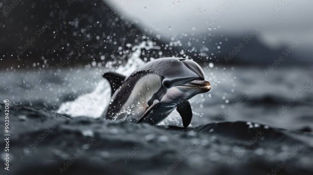Obraz premium A dolphin captured mid-jump over an ocean wave, backlit by the setting sun, showcasing the power and grace of marine wildlife in their natural habitat.