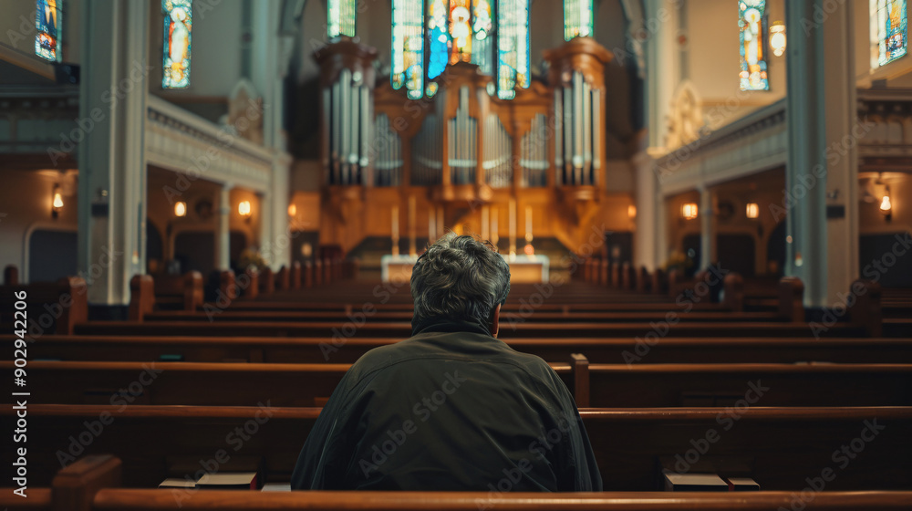 Deep in contemplation: a parishioner attending mass in a church Deep in contemplation: a parishioner attending mass in a church