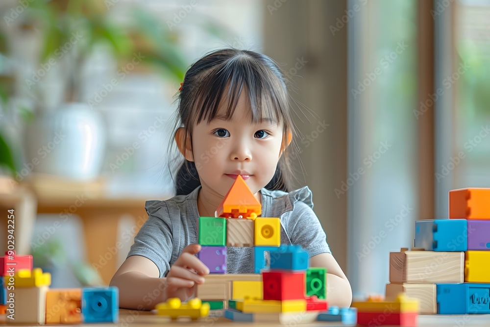 Creative Playtime: A Young Girl Building with Colorful Blocks Creative Playtime: A Young Girl Building with Colorful Blocks