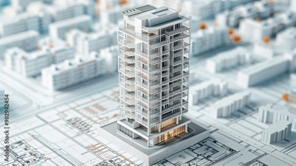 Modern Skyscraper Model Showcase With Architectural Plans at Urban Construction Site Modern Skyscraper Model Showcase With Architectural Plans at Urban Construction Site
