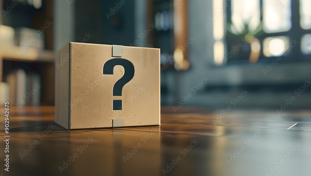 Cardboard box with a question mark on it placed on a table, with a blurred background, in a 3d rendering illustration style, Cardboard box with a question mark on it placed on a table, with a blurred background, in a 3d rendering illustration style,