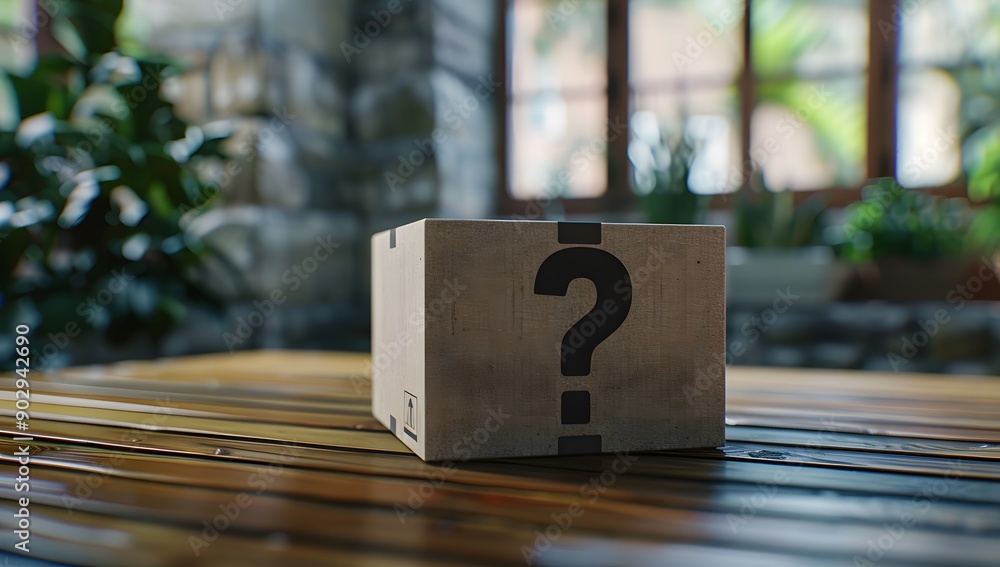 Cardboard box with a question mark on it placed on a table, with a blurred background, in a 3d rendering illustration style, Cardboard box with a question mark on it placed on a table, with a blurred background, in a 3d rendering illustration style,
