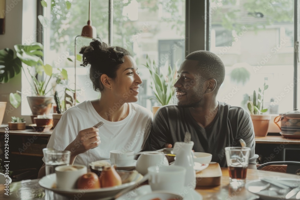 Portrait of a tender mixed race couple in their 40s having breakfast together