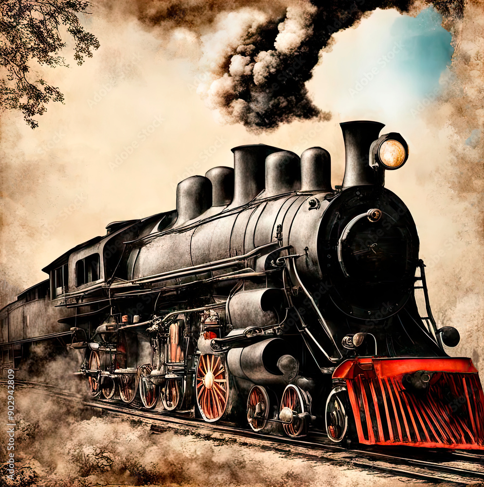 Naklejka premium A grunge vintage background with an old steam locomotive and a place for text.