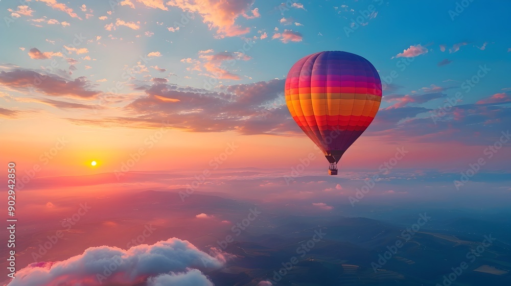 Fototapeta premium Majestic Hot Air Balloon Soaring at Sunrise Symbolizing New Adventures and Perspectives