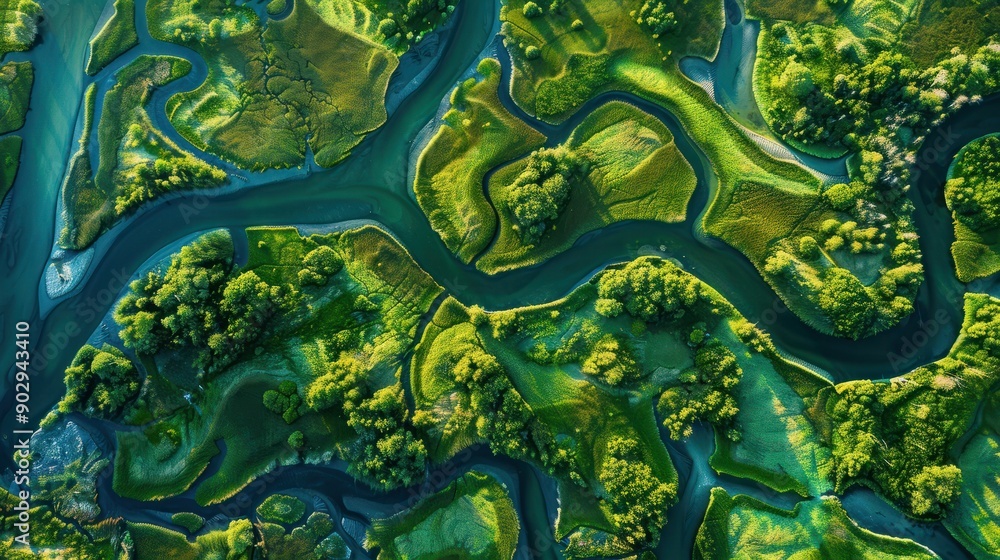 Detailed aerial photograph of a wetland area, where the natural patterns of water channels and vegetation form a unique and visually captivating abstract landscape. Abstract Backgrounds Illustration, Detailed aerial photograph of a wetland area, where the natural patterns of water channels and vegetation form a unique and visually captivating abstract landscape. Abstract Backgrounds Illustration,