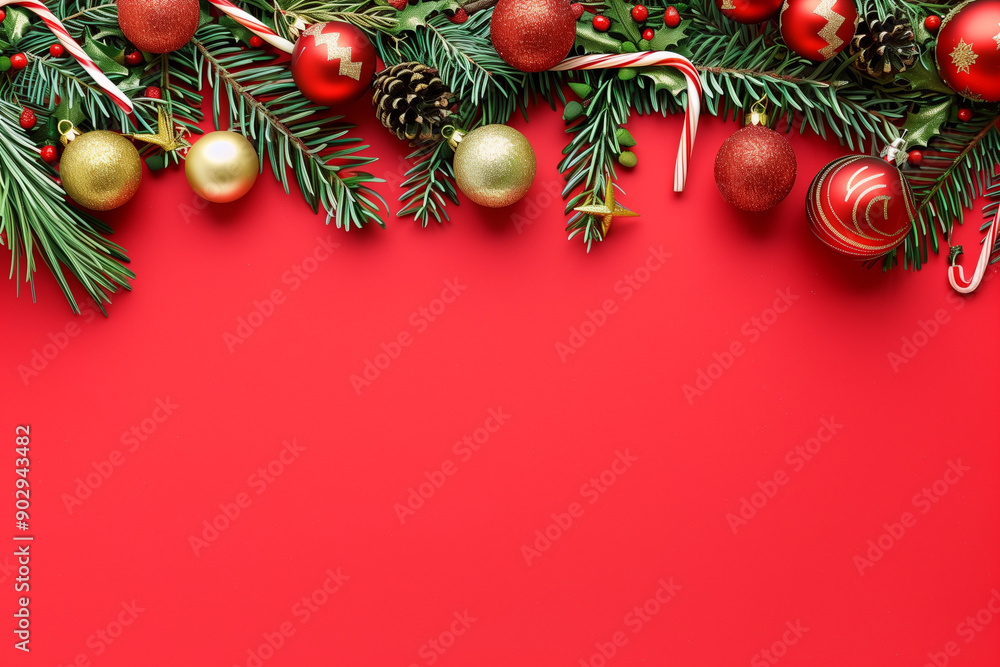festive Christmas border made of green pine branches, red and gold ornaments, and candy canes, set against a bright red background with ample space for text or other design elements festive Christmas border made of green pine branches, red and gold ornaments, and candy canes, set against a bright red background with ample space for text or other design elements