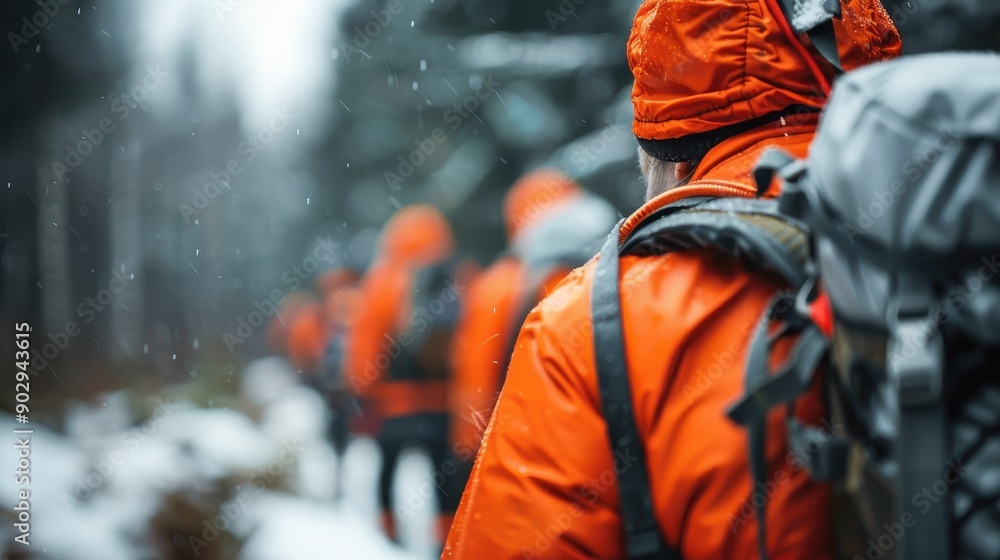 Rescue team members trekking through a snowy forest wearing orange winter gear, demonstrating their resolve, commitment, and teamwork while on a challenging mission in cold conditions. Rescue team members trekking through a snowy forest wearing orange winter gear, demonstrating their resolve, commitment, and teamwork while on a challenging mission in cold conditions.