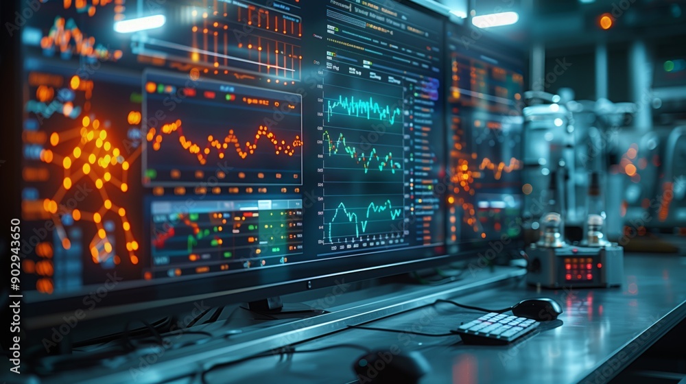 Close-up of computer screen showing stock market data with lines and graphs representing financial fluctuations, brightly lit with blue and orange colors Close-up of computer screen showing stock market data with lines and graphs representing financial fluctuations, brightly lit with blue and orange colors