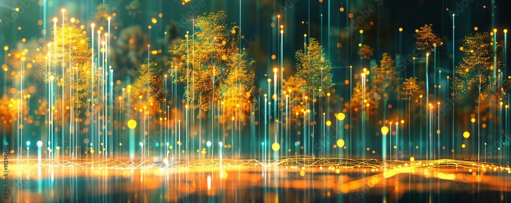 Obraz premium Tree growth patterns, holographic visualization, futuristic forest, digital data overlay