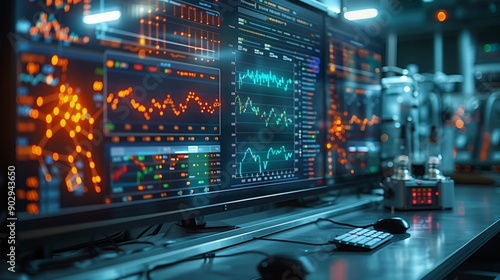 Close-up of computer screen showing stock market data with lines and graphs representing financial fluctuations, brightly lit with blue and orange colors