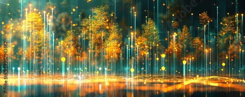 Tree growth patterns, holographic visualization, futuristic forest, digital data overlay