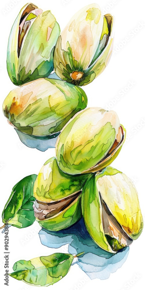 Naklejka premium Watercolor Pistachio Nuts: A Close-up Heap of Delicious and Healthy Snack