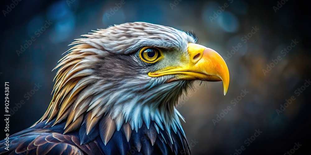 Fototapeta premium Adler with a golden beak and blue feathers, Adler, bird, golden, beak, blue, feathers, majestic, wildlife, nature, animal, predator