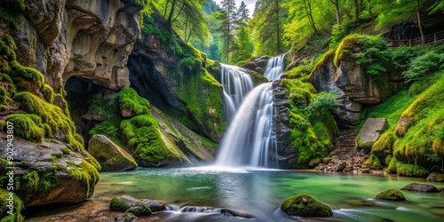 Beautiful waterfall in the Wolfsklamm gorge in Tirol, surrounded by lush greenery and moss-covered rocks, waterfall photo