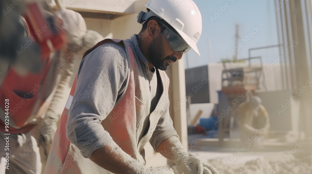 Construction Worker Mixing Concrete on a Sunny Day Construction Worker Mixing Concrete on a Sunny Day