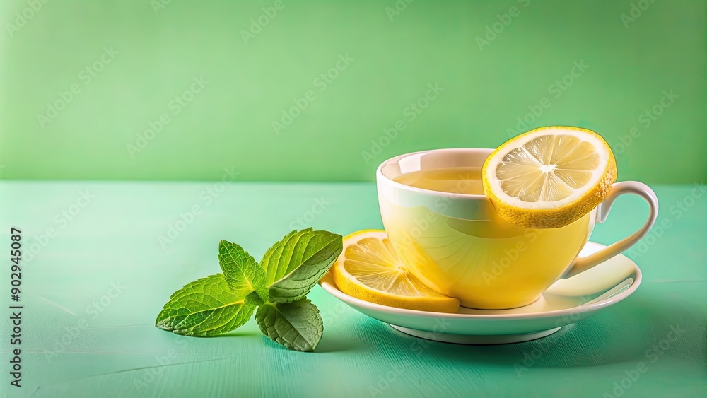 Lemon Green Refreshing Tea in cup with slice of lemon and mint on light green background , lemon, green, refreshing, tea Lemon Green Refreshing Tea in cup with slice of lemon and mint on light green background , lemon, green, refreshing, tea