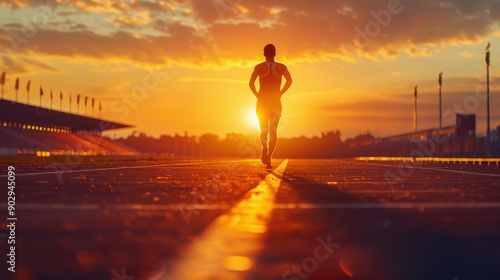A [person runs on a track with the sun shining on him. Concept of determination and focus as the runner pushes himself to reach the finish line © Media Srock